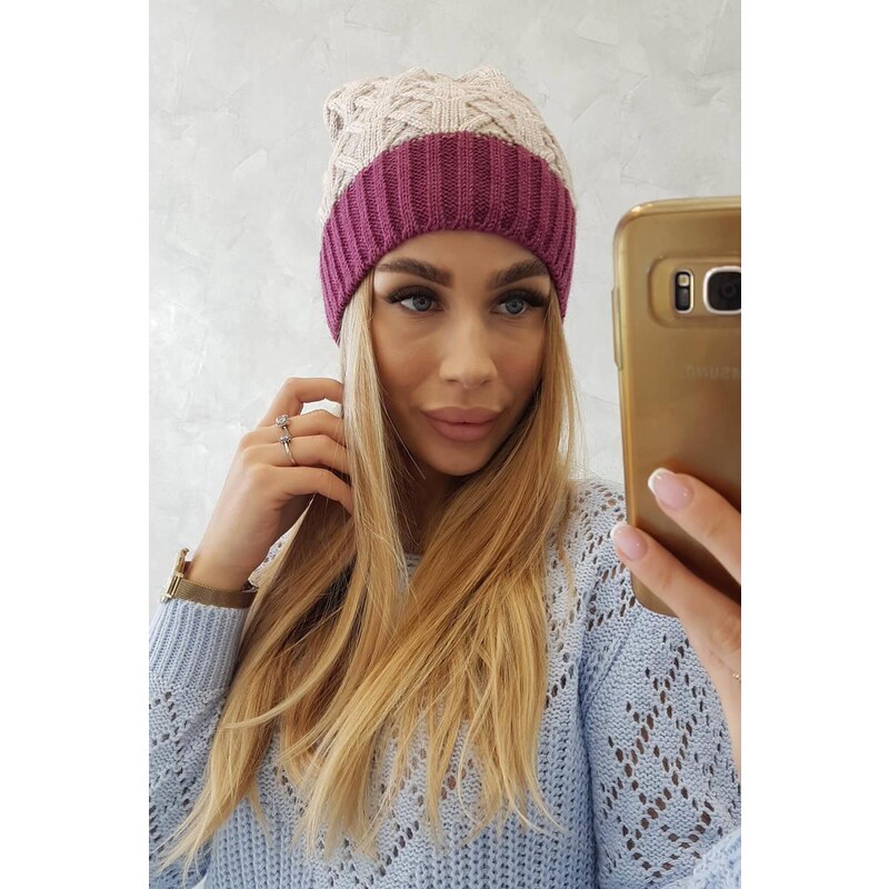 MladaModa Dámska čiapka s brmbolcom Bibiana K264 fialová+svetlá béžová 36637082