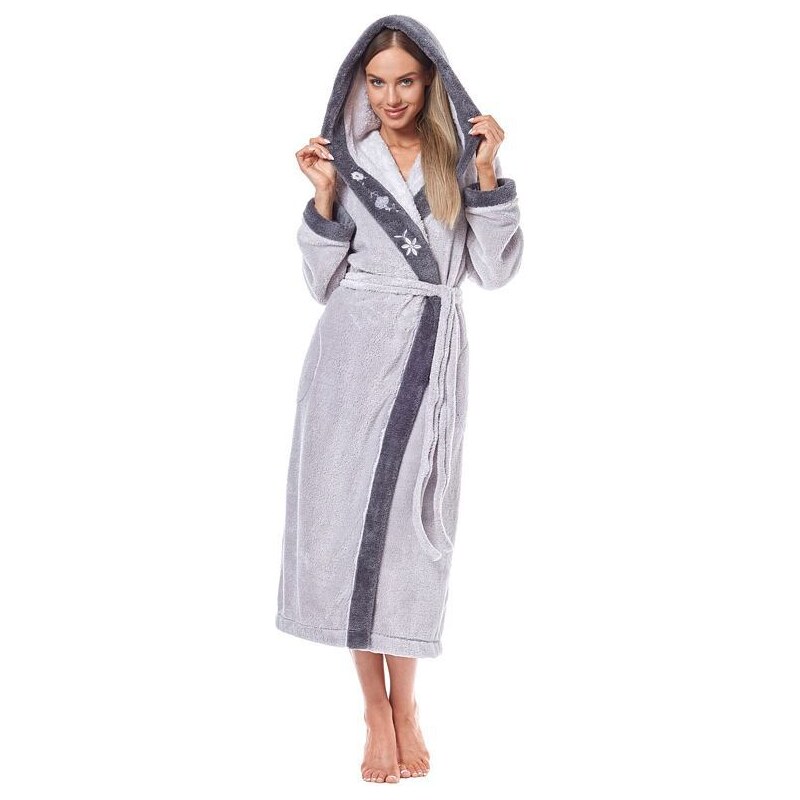 L&L Dámsky huňatý župan Flower sivý dlhý 18782476