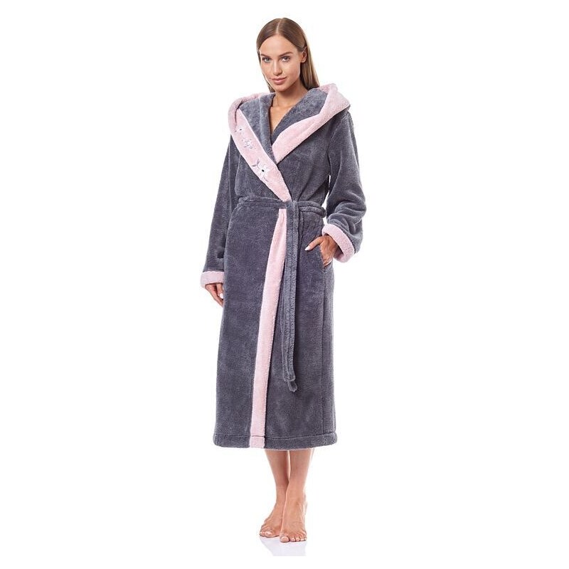 L&L Dámsky huňatý župan Flower tmavosivý dlhý 20383050