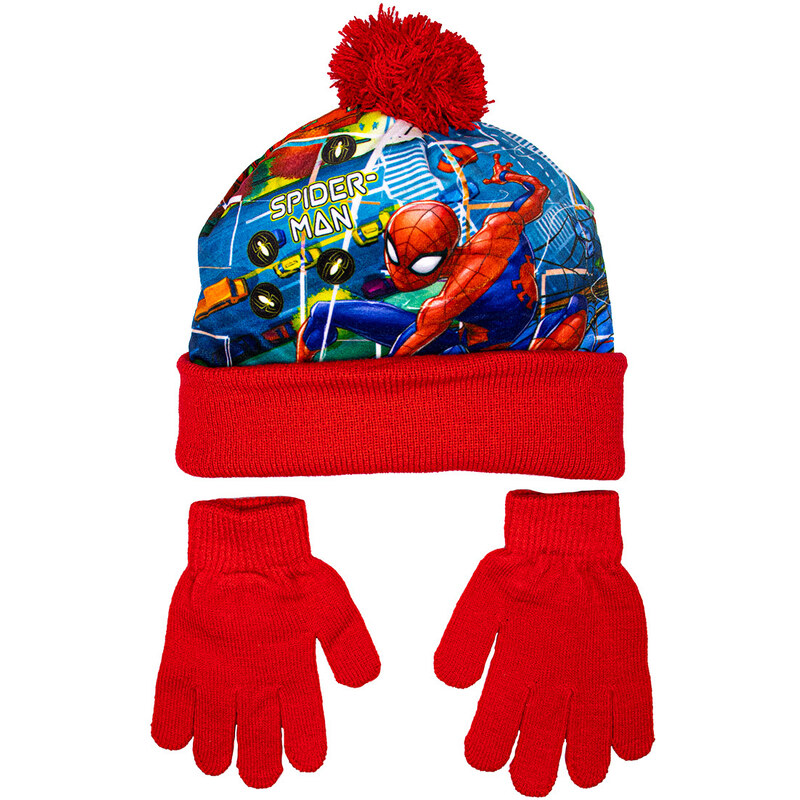 SPIDER-MAN zimní set čepice a rukavice ČERVENÝ