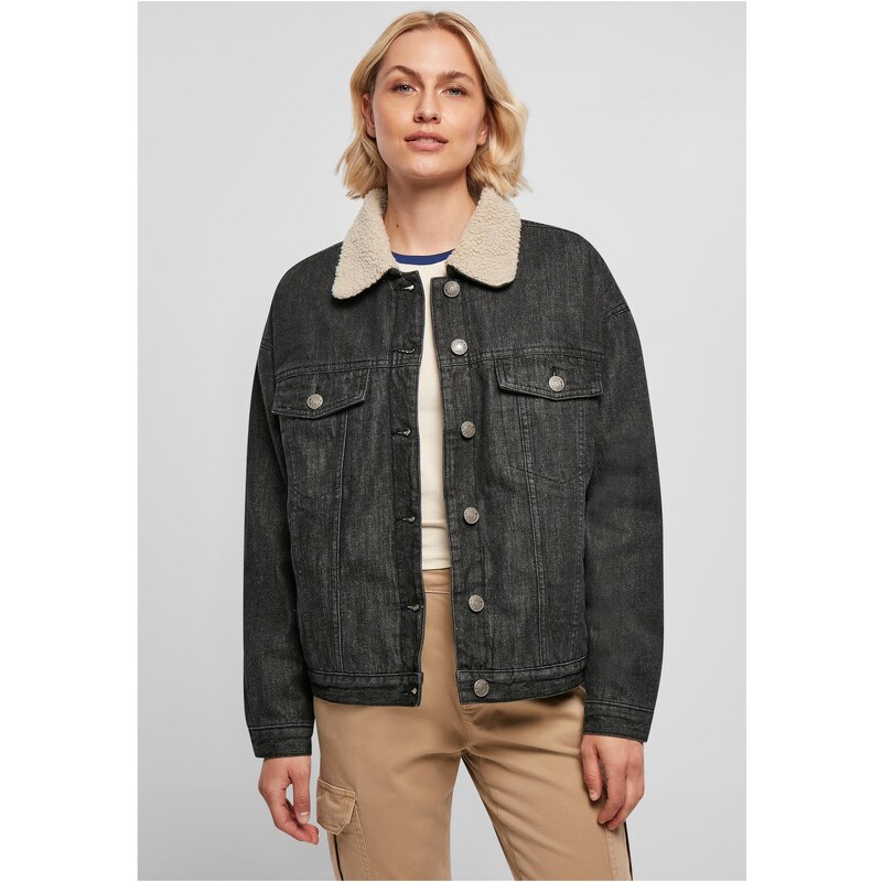 Urban Classics Womens oversized denim jacket Sherpa, black washed 50644920