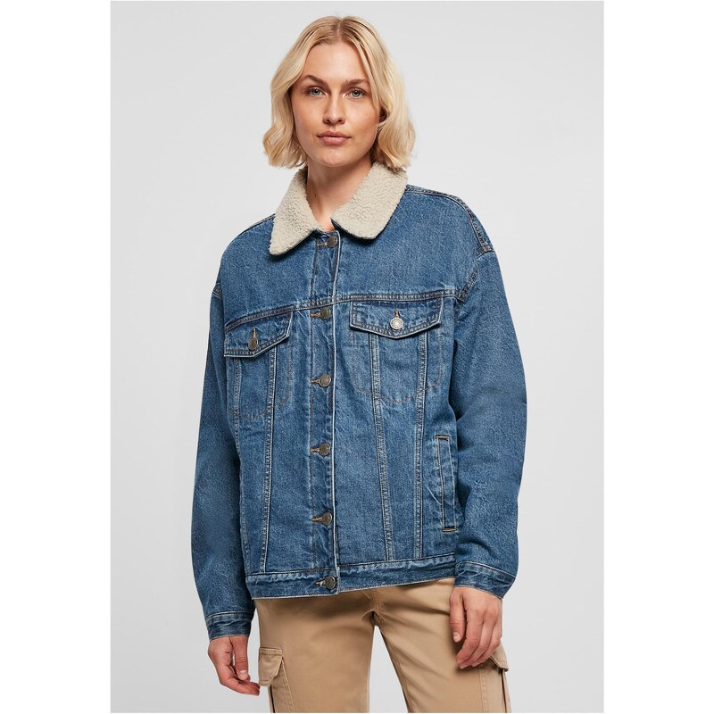 Urban Classics Womens Oversized Denim Jacket Sherpa Clear Blue Washed 50654364