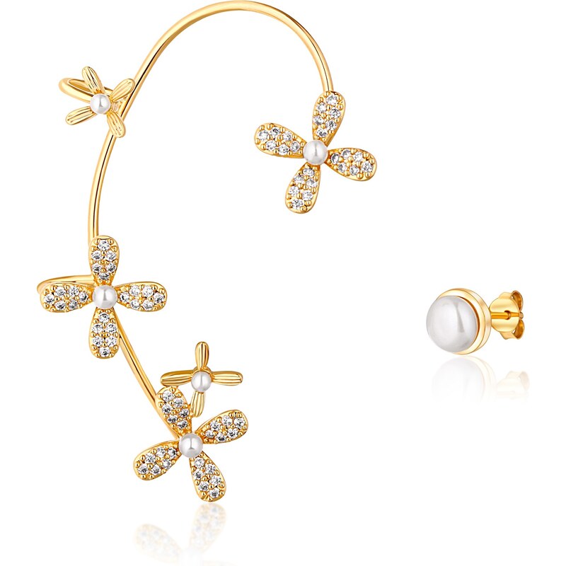 JwL Luxury Pearls Pozlátené asymetrické náušnice s perlami a zirkónmi 66590504