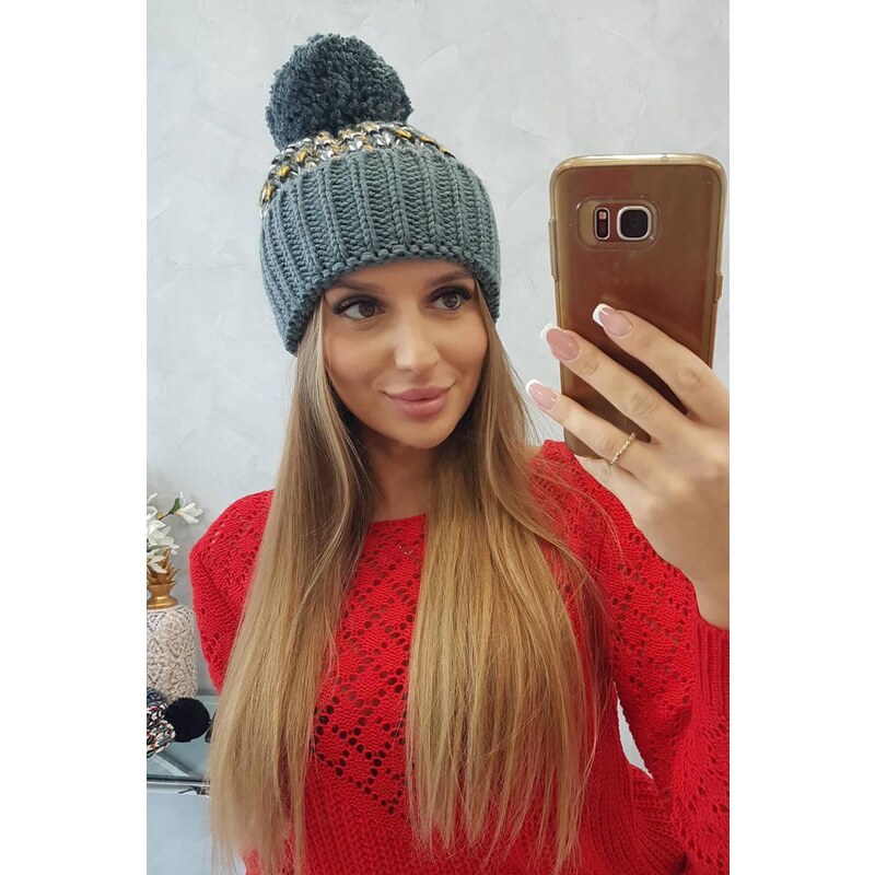 MladaModa Dámska čiapka s brmbolcom Ellen K323 tmavošedá+svetlá žltá 36801664