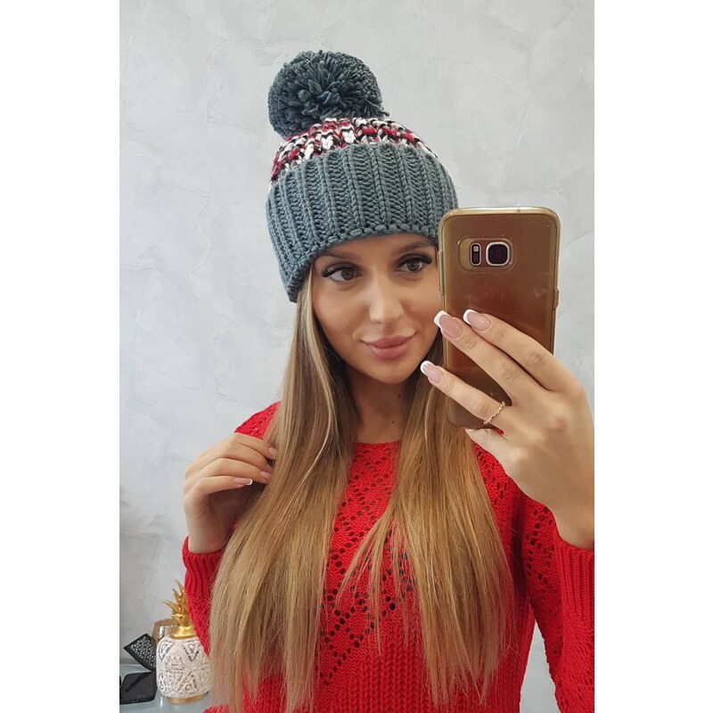 MladaModa Dámska čiapka s brmbolcom Ellen K323 tmavošedá+červená 36801665