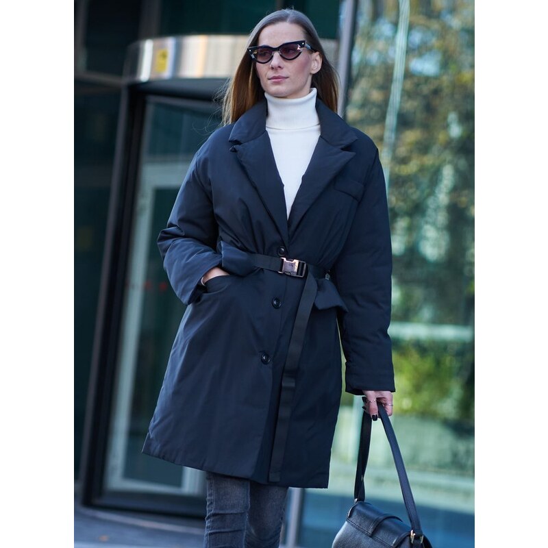 Due Linee Dámska zimná bunda čierna s opaskom 35683891