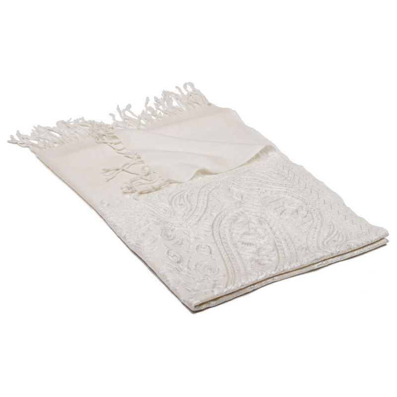 Pranita Kašmírsky vlnený šál vyšívaný hodvábom smotanový s bielou farbou