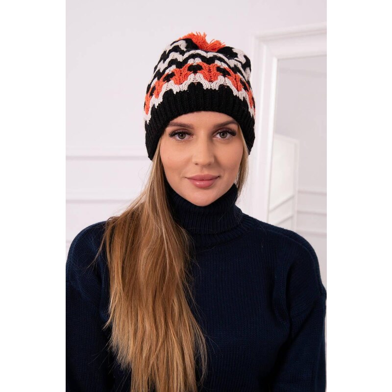 MladaModa Dámska čiapka s brmbolcom Laila K283 čierna+svetlá béžová 46491366