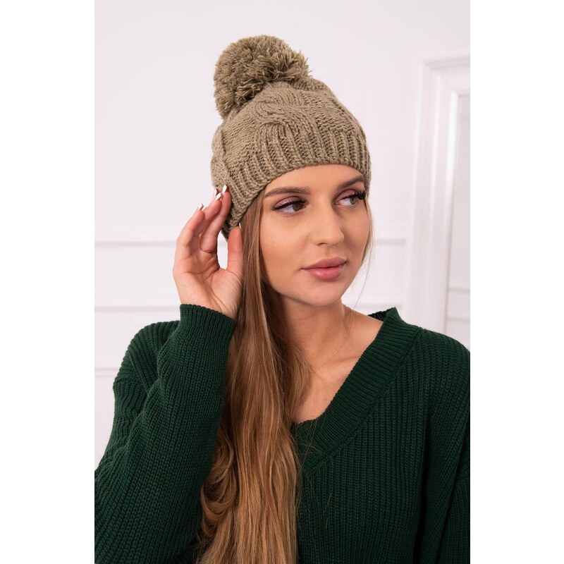 MladaModa Dámska čiapka s brmbolcom Stefania K278 farba svetlá khaki 36637053