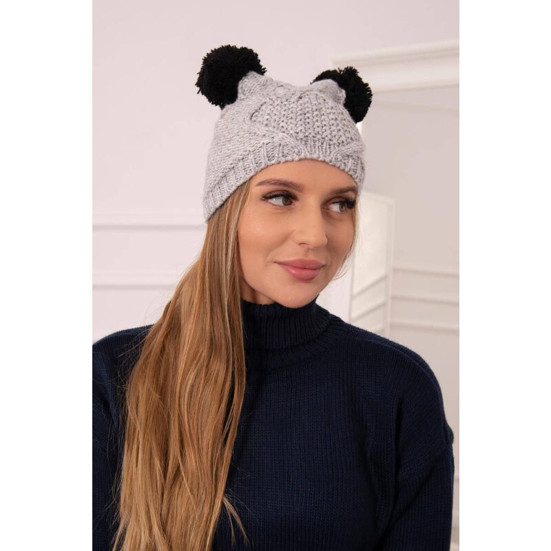 MladaModa Dámska čiapka s dvomi brmbolcami K291 šedá 36637026