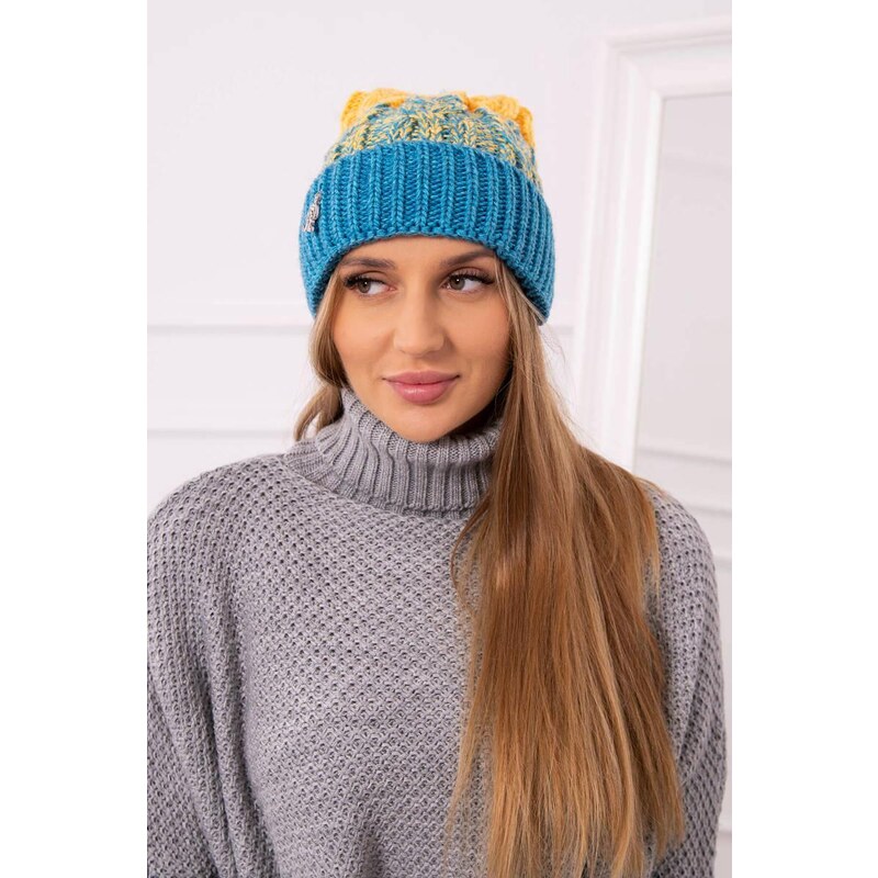 MladaModa Dámska čiapka s brmbolcom Abigail K326 tyrkysová+svetlá žltá 36801658