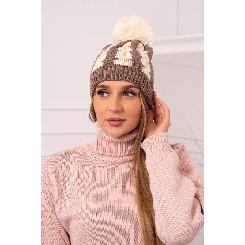 MladaModa Dámska čiapka s brmbolcom Rosalia K323 farba ecru+mocca 36800767