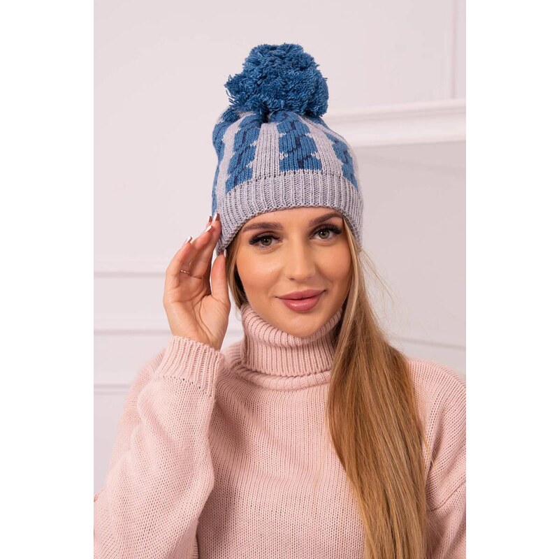 MladaModa Dámska čiapka s brmbolcom Rosalia K323 farba džínsová+šedá 36801667