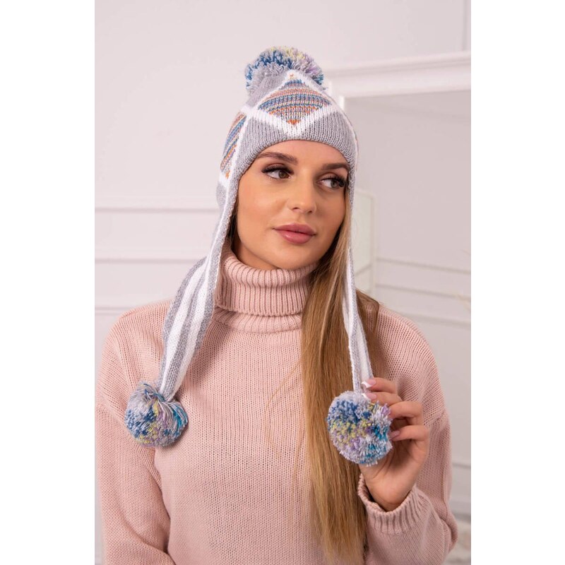 MladaModa Dámska čiapka s dlhými ušami Eunika K322 šedá+svetlomodrá 36903174