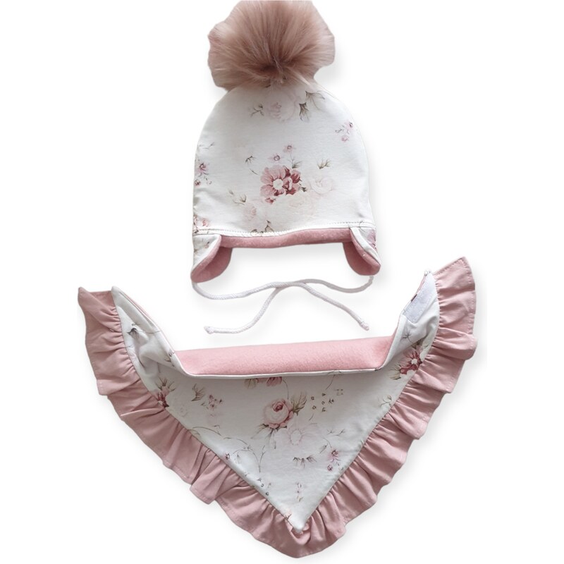 ZuMa Style Detská čiapka, šatka a rukavice - dievčenský set zateplený kvet Ecri - 0-6 mesiacov