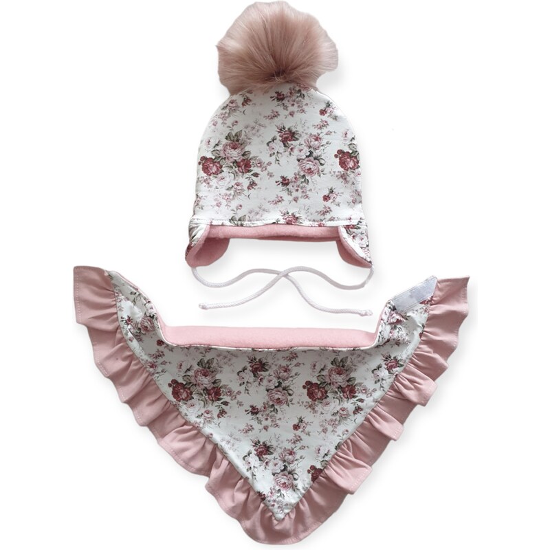 ZuMa Style Detská čiapka, šatka a rukavice - dievčenský set zateplený vzor KYTICA - 1-3 roky