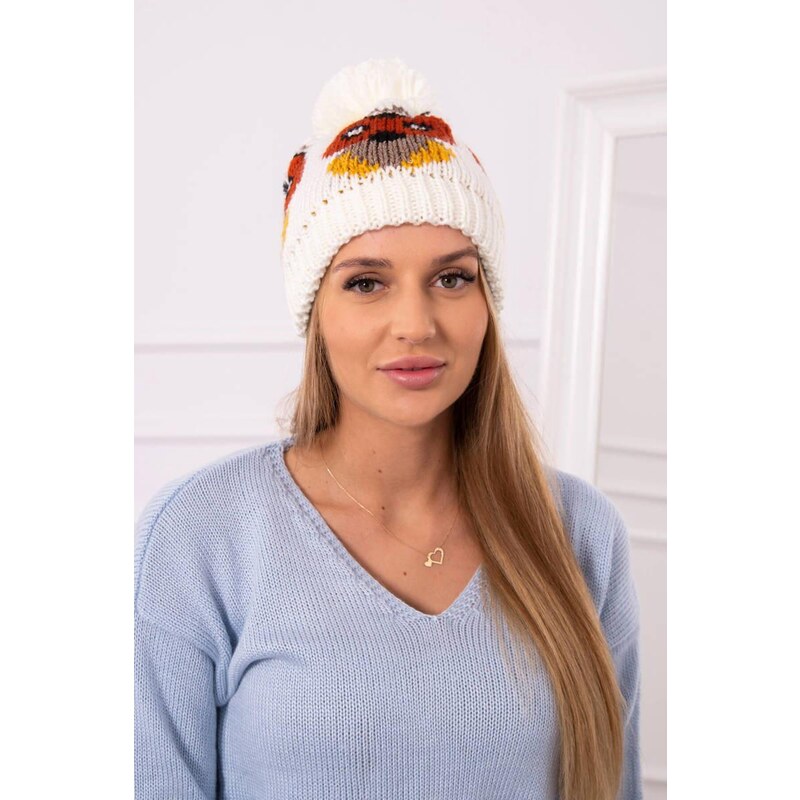 MladaModa Dámska čiapka s brmbolcom Owl K340 farba ecru 36917902