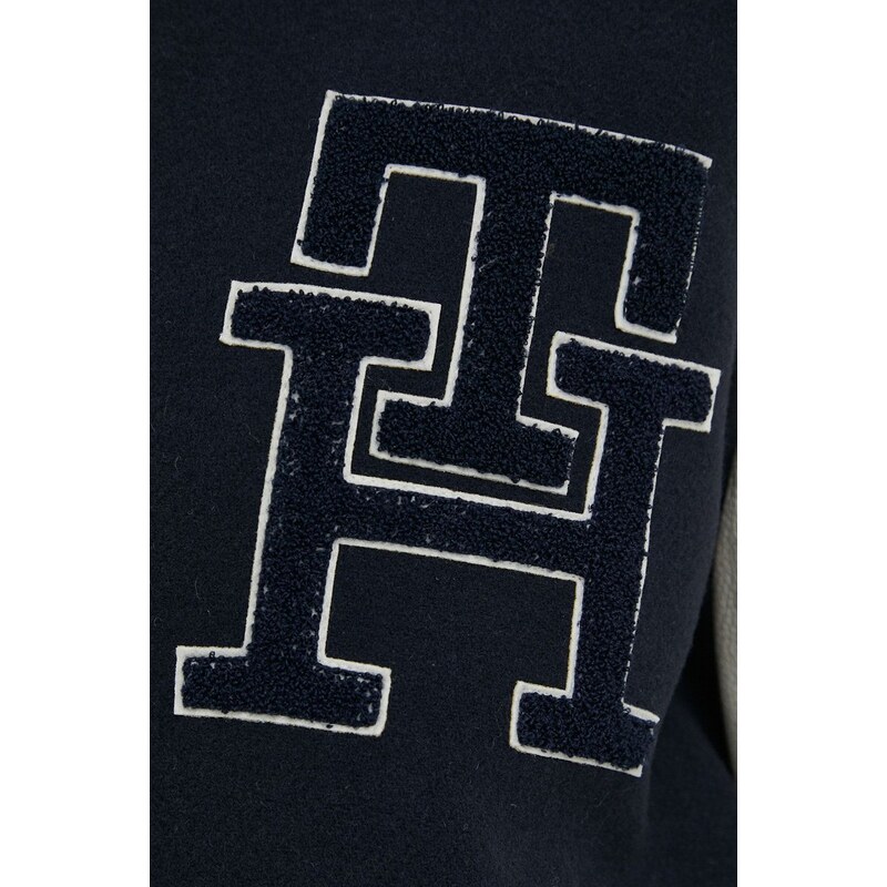 Vlnená bunda Tommy Hilfiger tmavomodrá farba, prechodná