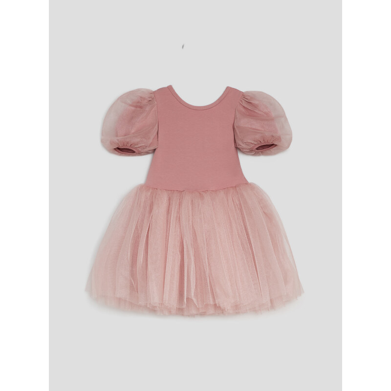 Dievčenské šaty s naberaným rukávom púdrovo ružové TUTU