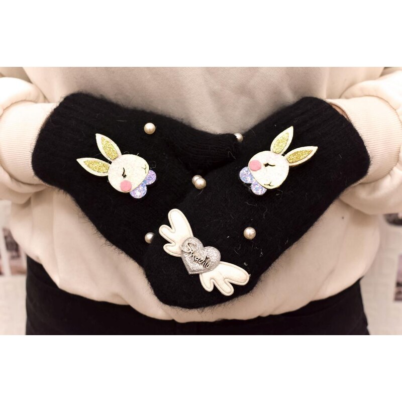 AURA.VIA Dievčenské bezpalcové čierne mohérové rukavice RABIT 37063456