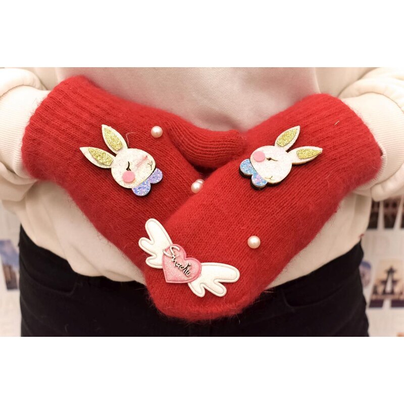 AURA.VIA Dievčenské bezpalcové červené mohérové rukavice RABIT 37063458