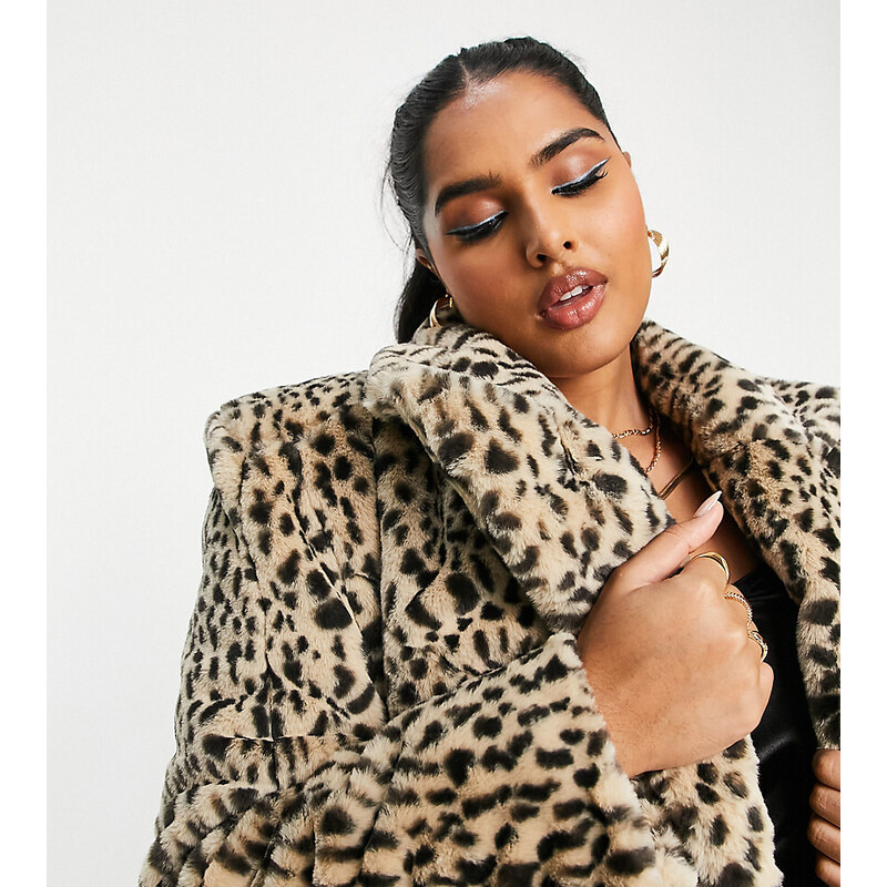 ASOS LUXE Curve faux fur tailored maxi coat in leopard print-Multi 