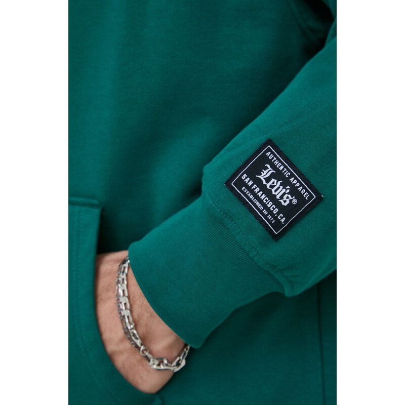 Bavlnená mikina Levi's pánska, zelená farba, s kapucňou, s nášivkou