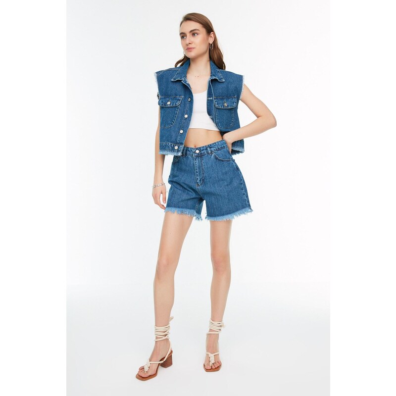 Trendyol modré džínsové šortky s strapcami 50635064