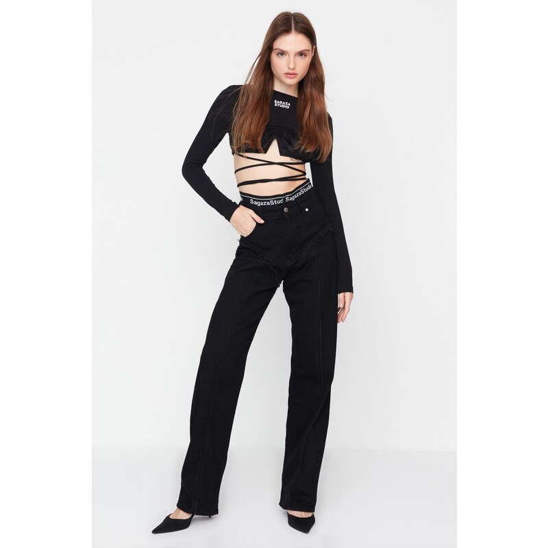 Trendyol X Sagaza Studio Čierne džínsy so širokými nohavicami 36244058