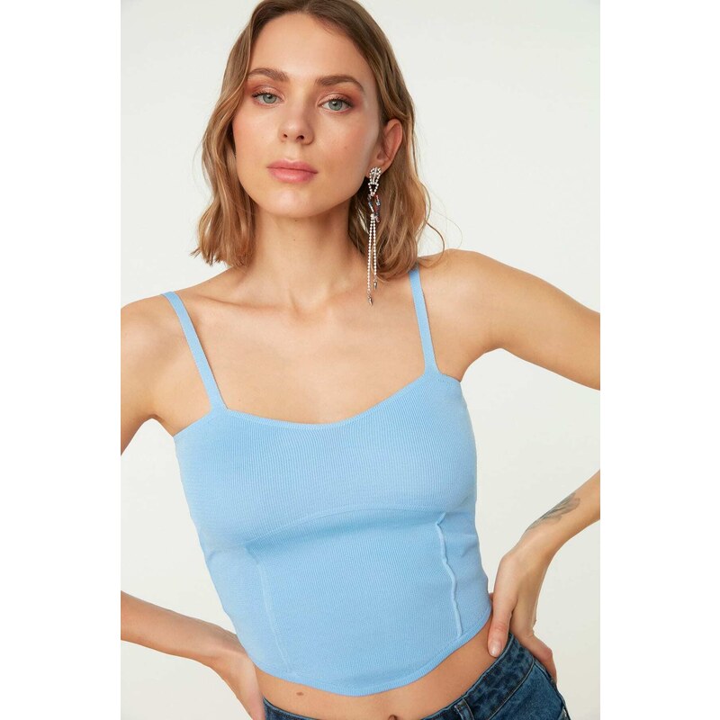 Trendyol modrý úpletový crop top bustier 50544004