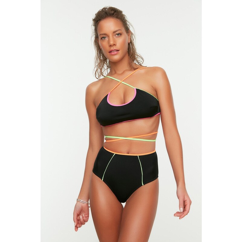 Trendyol Black High Waist Bikini Bottoms With Colorful Piping Detailed 50610025