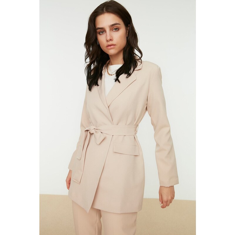 Trendyol Beige Belted Pocket Detailed Blazer Woven Jacket 50551418