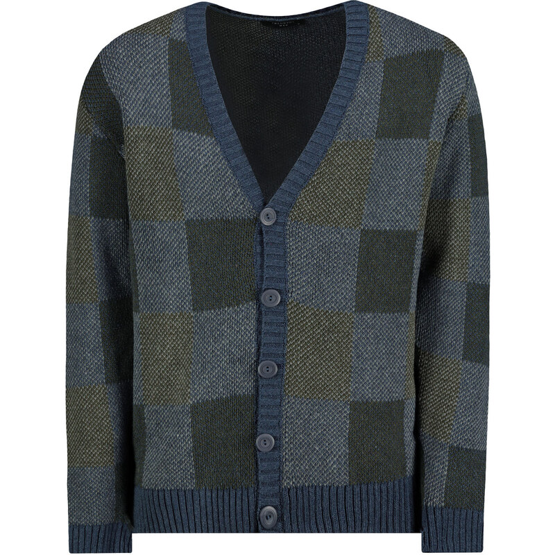 Trendyol Indigo Regular Fit V-Neck Plaid Patterned Knitwear Cardigan 50499778