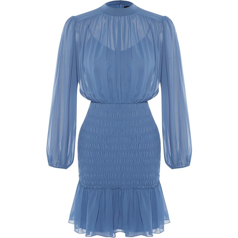 Trendyol Collection Limitovaná edícia Modrá mini tkaná sukňa s volánovým šifónom tkané šaty