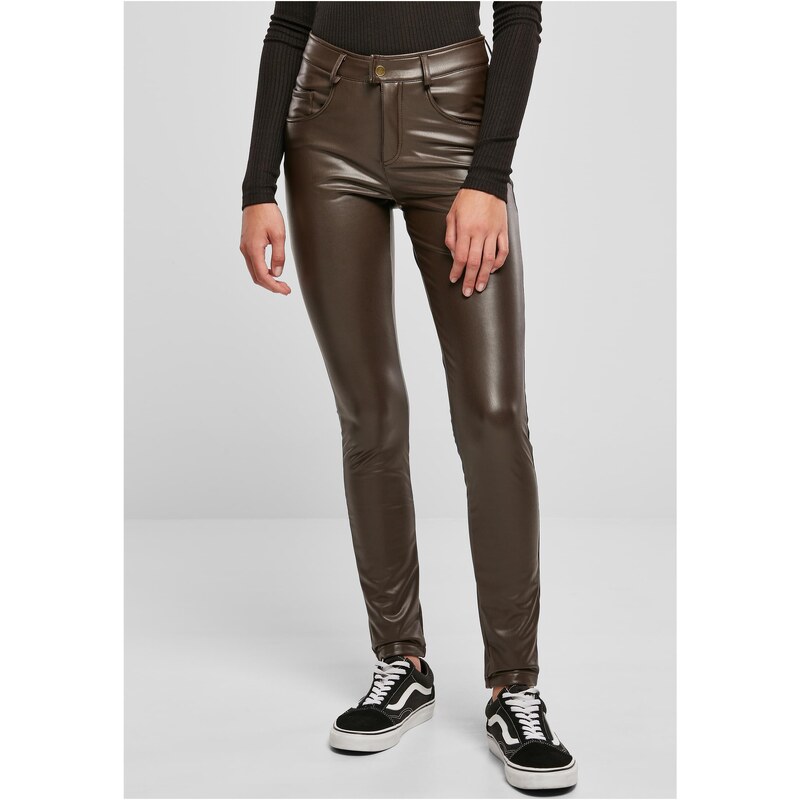Urban Classics Womens mid-waist synthetic leather trousers brown 57776262