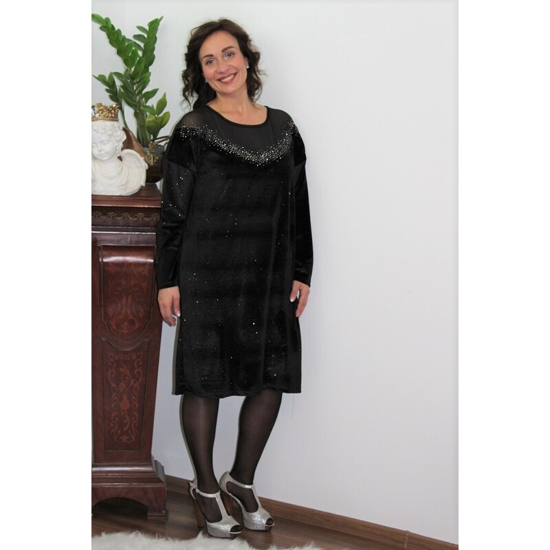 Turecko Čierne velúrové šaty s tylovou vsadkou - aj pre moletky