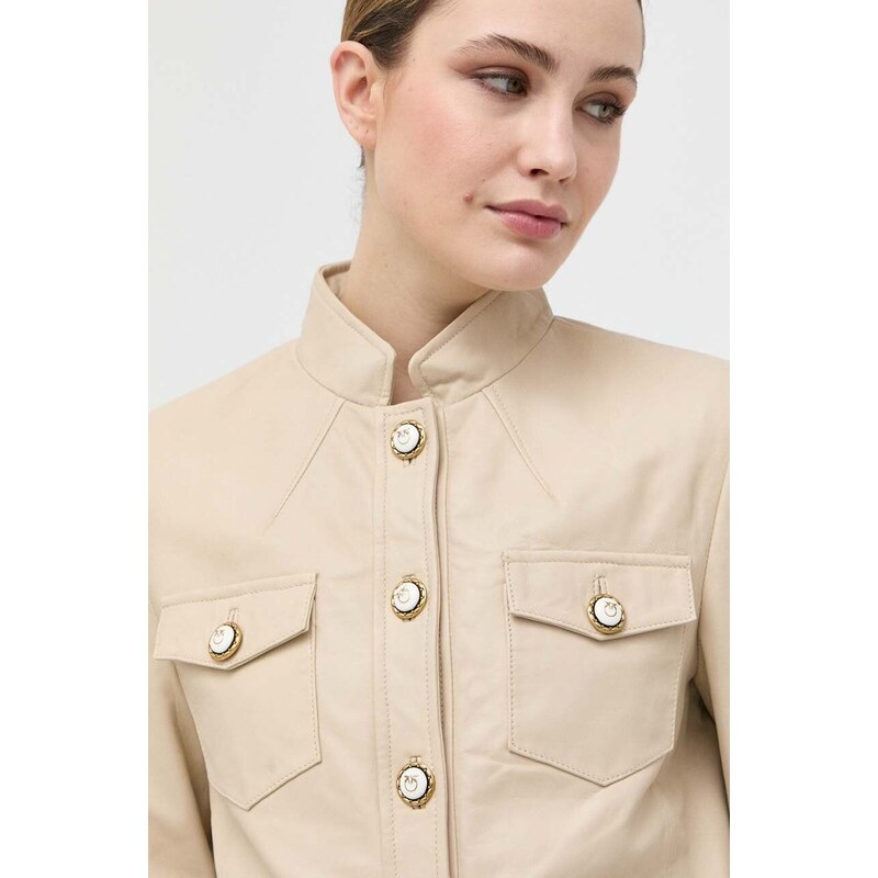 Kožená bunda Pinko dámska, béžová farba, prechodná