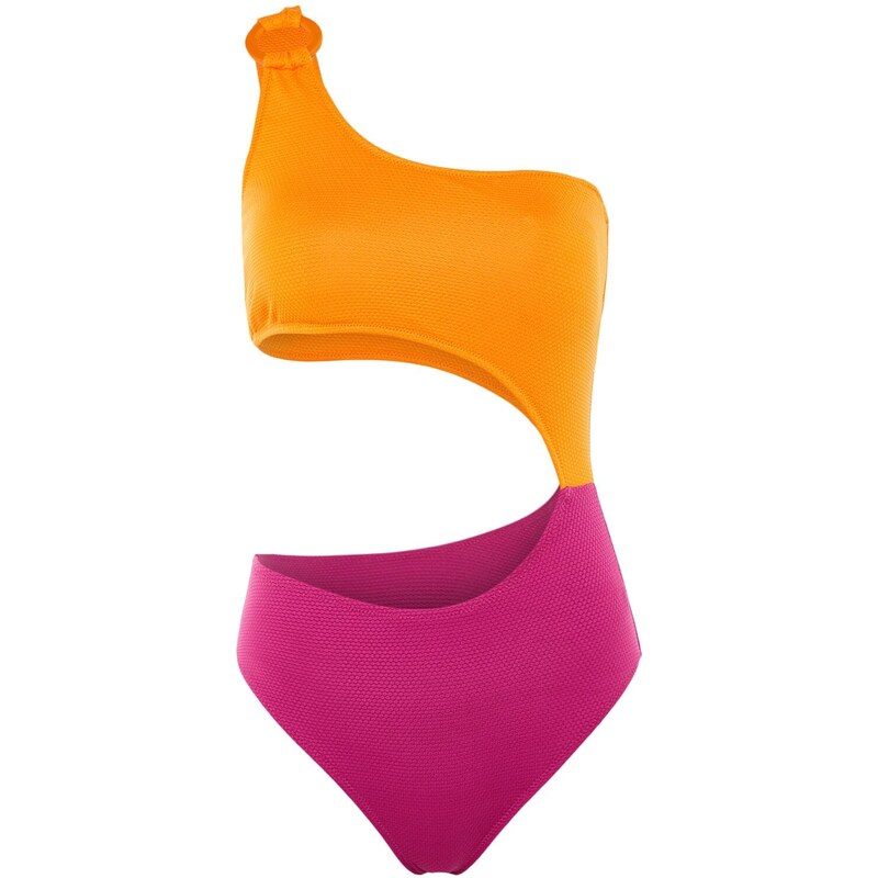 Trendyol Collection Fuchsiovo-oranžové plavky s jednoduchým výstrihom na ramenách/textúrou s oknom