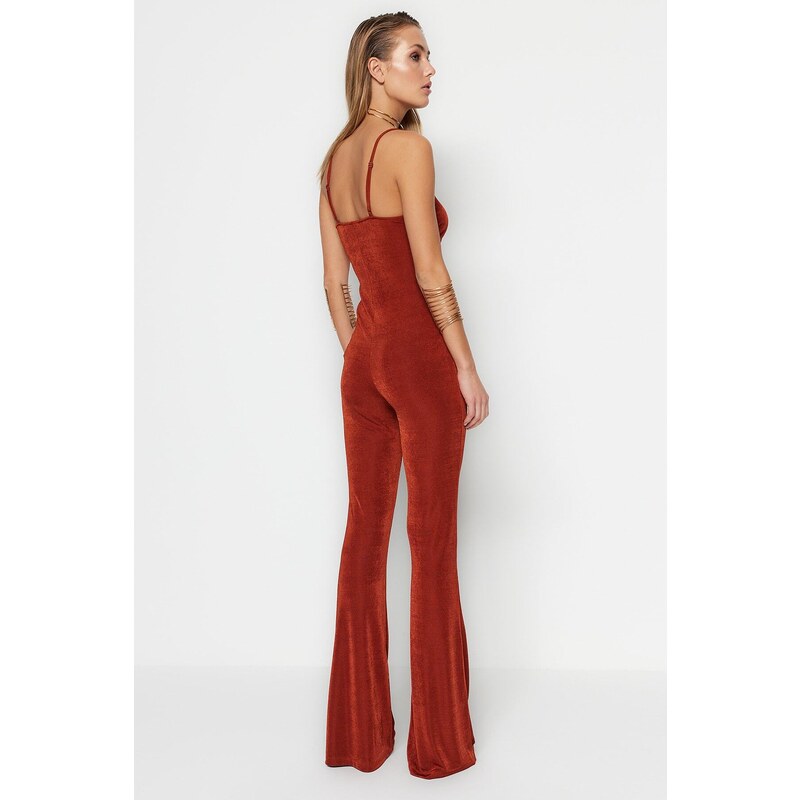 Trendyol Cinnamon Jumpsuit with Knitted Window/Cut Out Detail and Shimmer