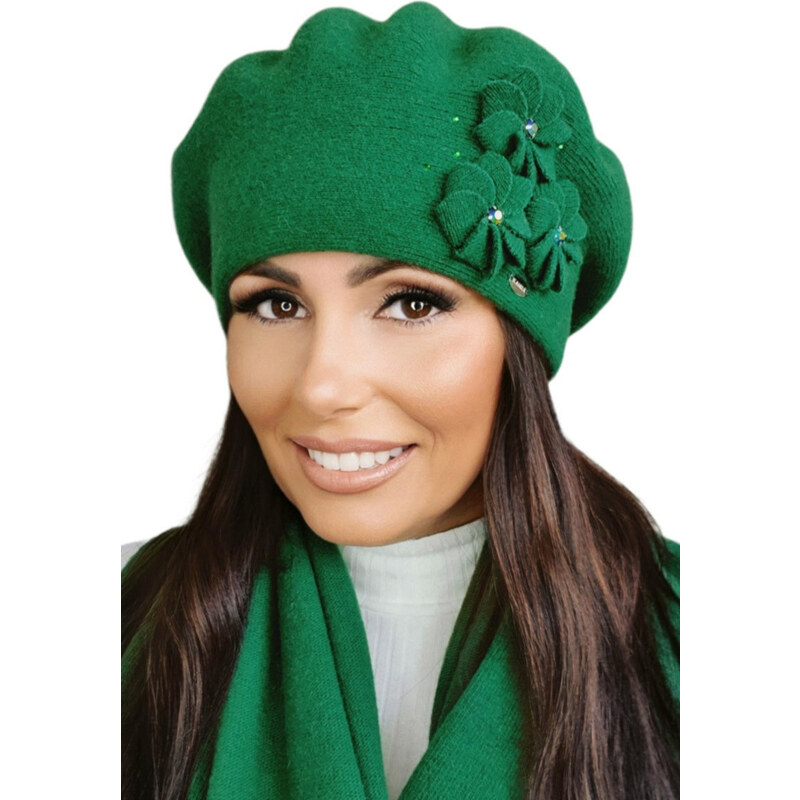 Kamea Zelená luxusná elegantná dámska baretka na zimu s kvetmi Salima, 62006951