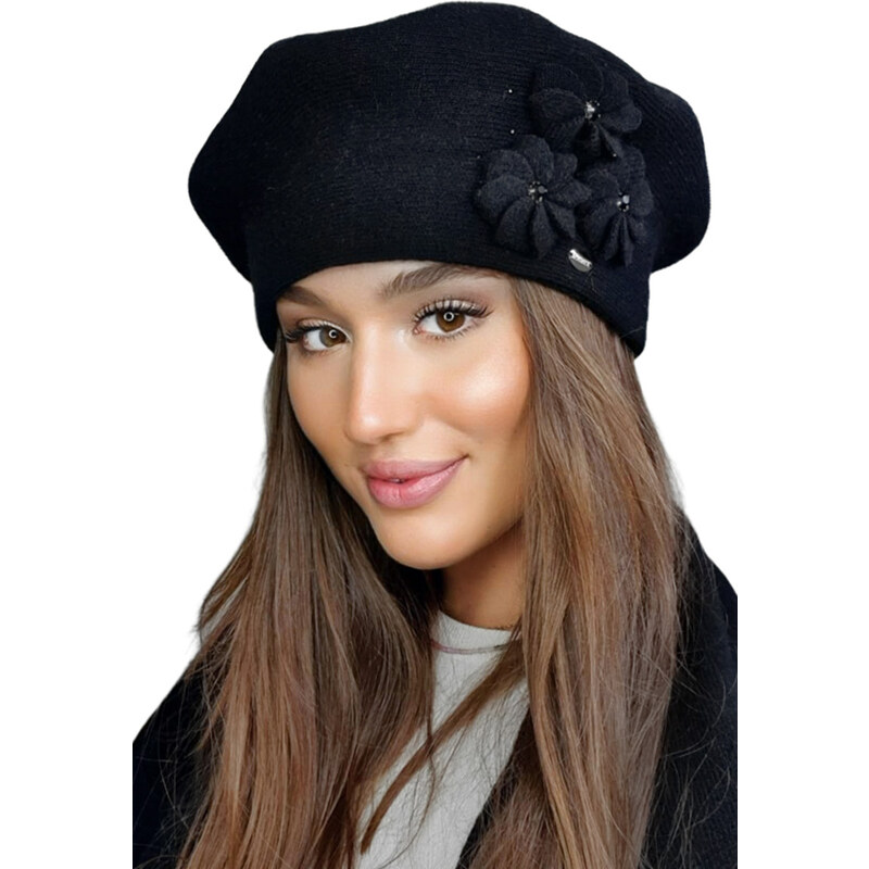 Kamea Čierna luxusná elegantná dámska baretka na zimu s kvetmi Salima, 37861683