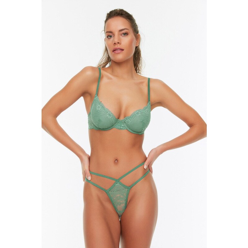 Trendyol Green Lace String Strap Underwire Capless Knitted Lingerie Set