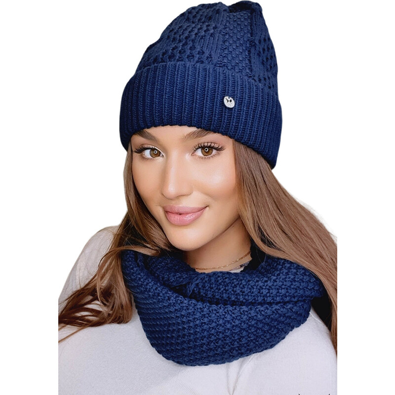 Kamea Tmavomodrý dámsky set čiapka + nákrčník Safona, Farba tmavomodrá 37902322