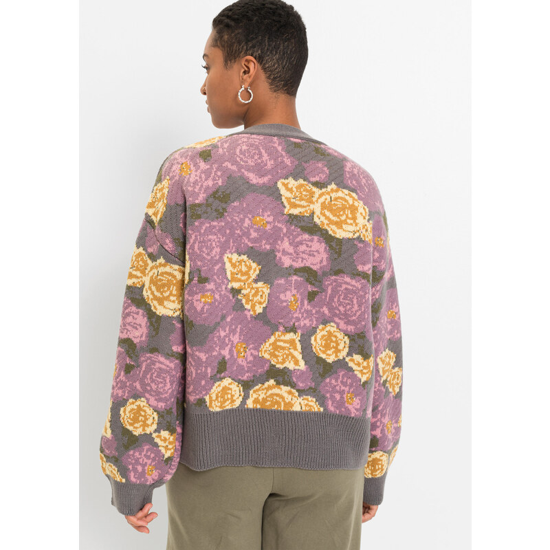 bonprix Pletený sveter s kvetovaným vzorom, farba šedá