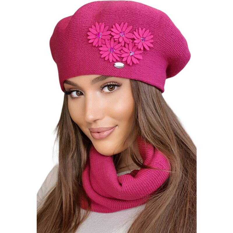 Kamea Fuksiová luxusná elegantná dámska zimná baretka s kvietkami Tala 38059361