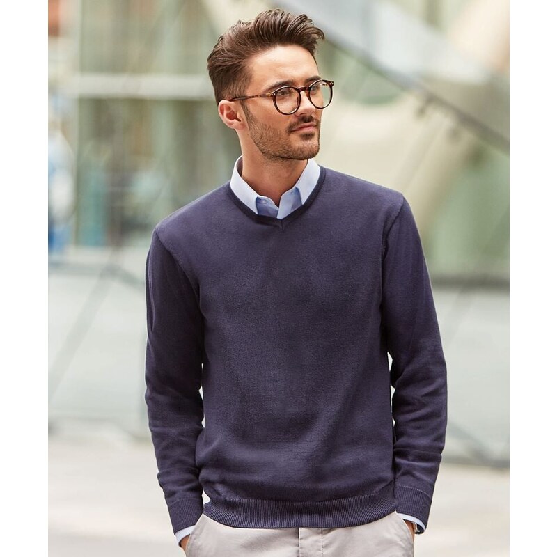 Russell Pánsky pletený sveter s výstrihom do písmena V bavlna & akryl