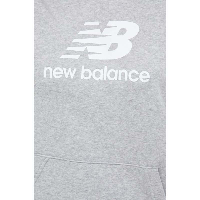 Mikina New Balance dámska, šedá farba, s kapucňou, s potlačou