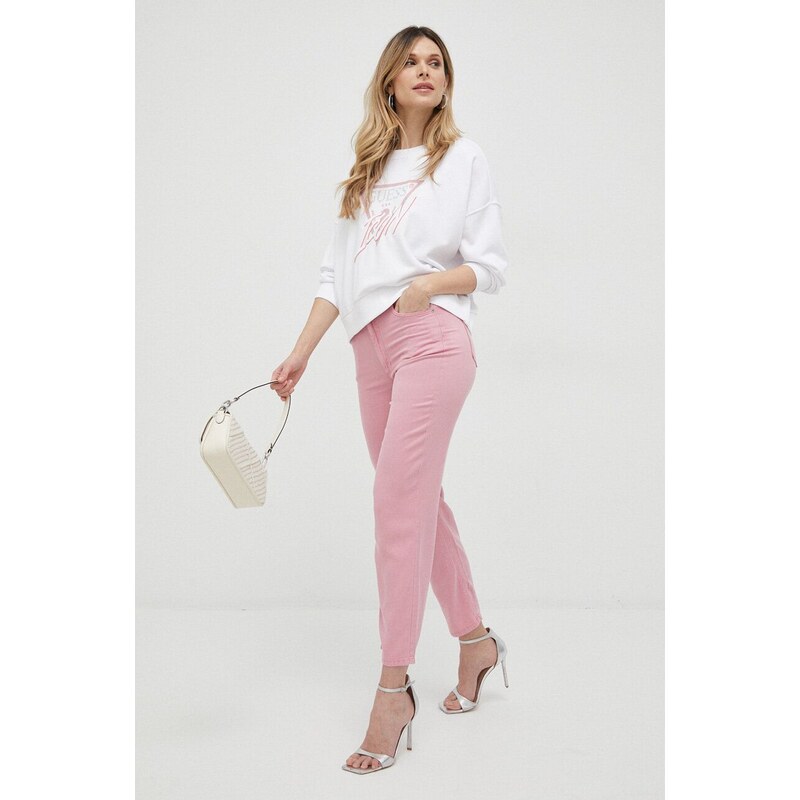 Nohavice Guess dámske, ružová farba, rovné, vysoký pás