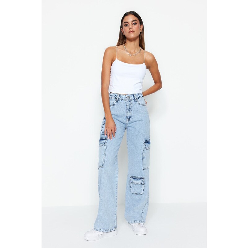 Trendyol svetlomodré Cargo džínsy so širokým pásom a detailom vrecka 50616523