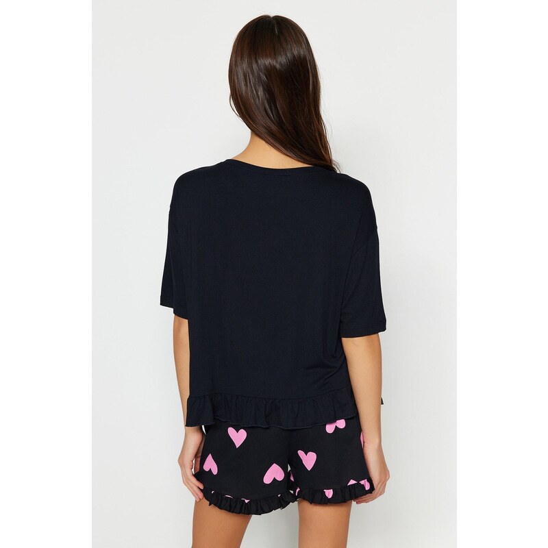 Trendyol Collection Čierna 100% bavlna so srdiečkovým vzorom volánikom Detailné tričko-šortky Pletené pyžamá